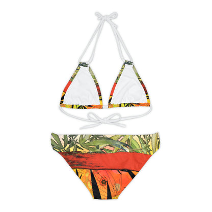 Beautiful Redish Orange Banded Marijuana 420 Pot Weed Leaf Strappy Bikini Set (AOP)