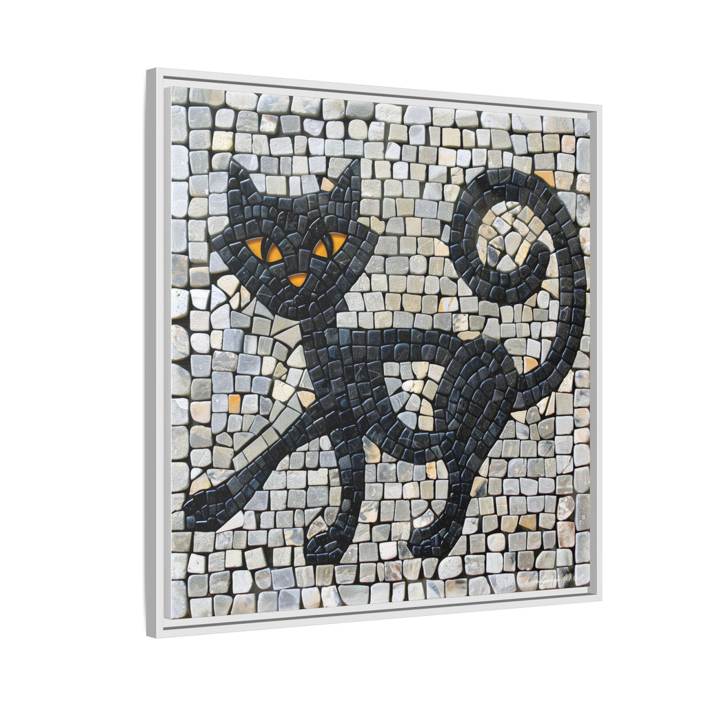 "Curious Black Cat Mosaic", Framed Mosaic Cat Art Print — Colorful Modern Wall Canvas