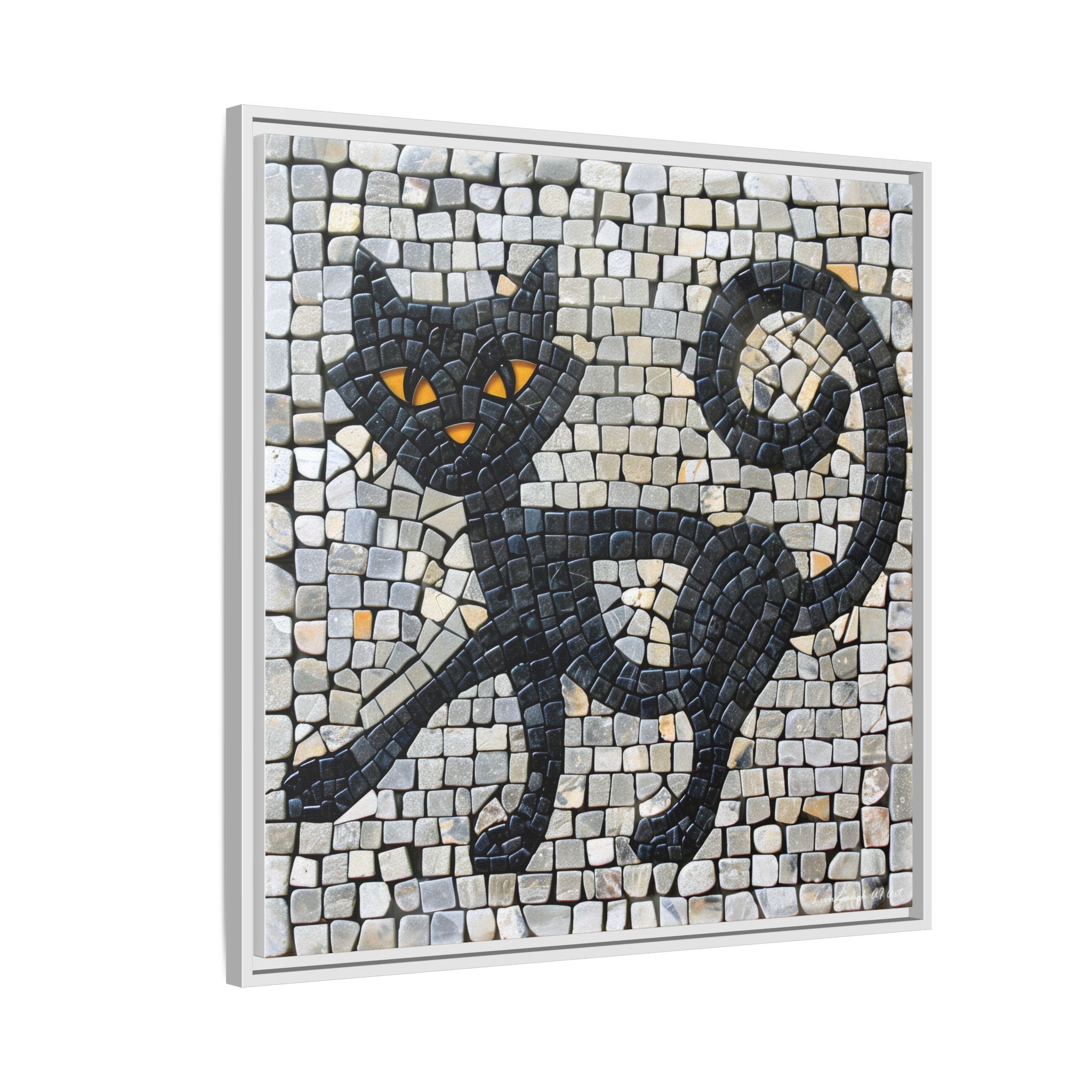 "Curious Black Cat Mosaic", Framed Mosaic Cat Art Print — Colorful Modern Wall Canvas