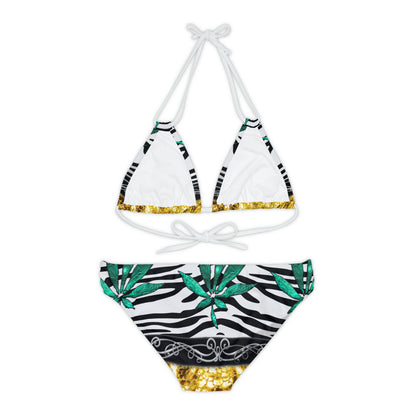 Gold And Zebra White And Black Marijuana Pot Weed Leaf 420 Weed Pot Marijuana Leaf Strappy Bikini Set (AOP)