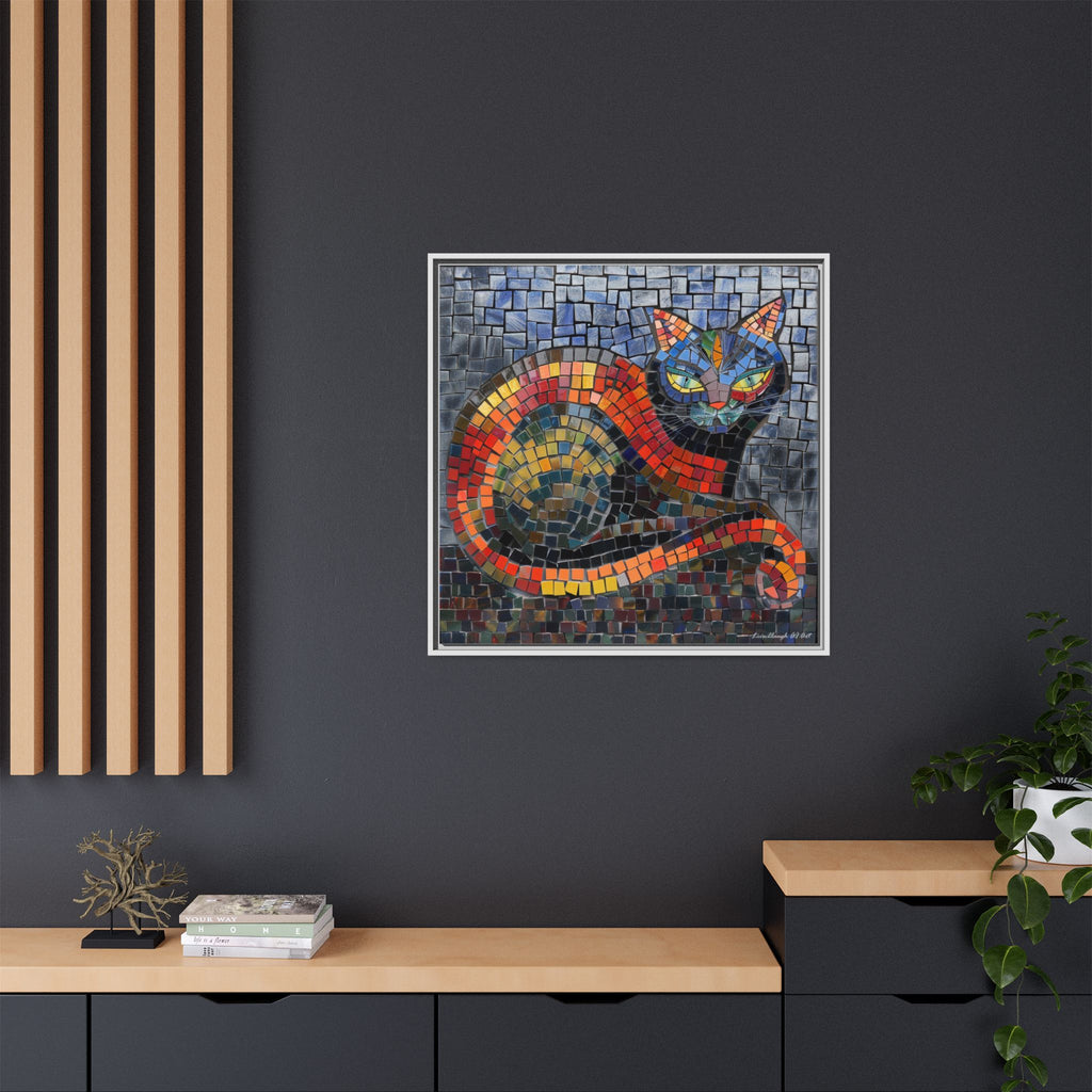 Mystic Shadows: The Enigmatic Cat, Framed Mosaic Cat Art Print — Colorful Modern Wall Canvas