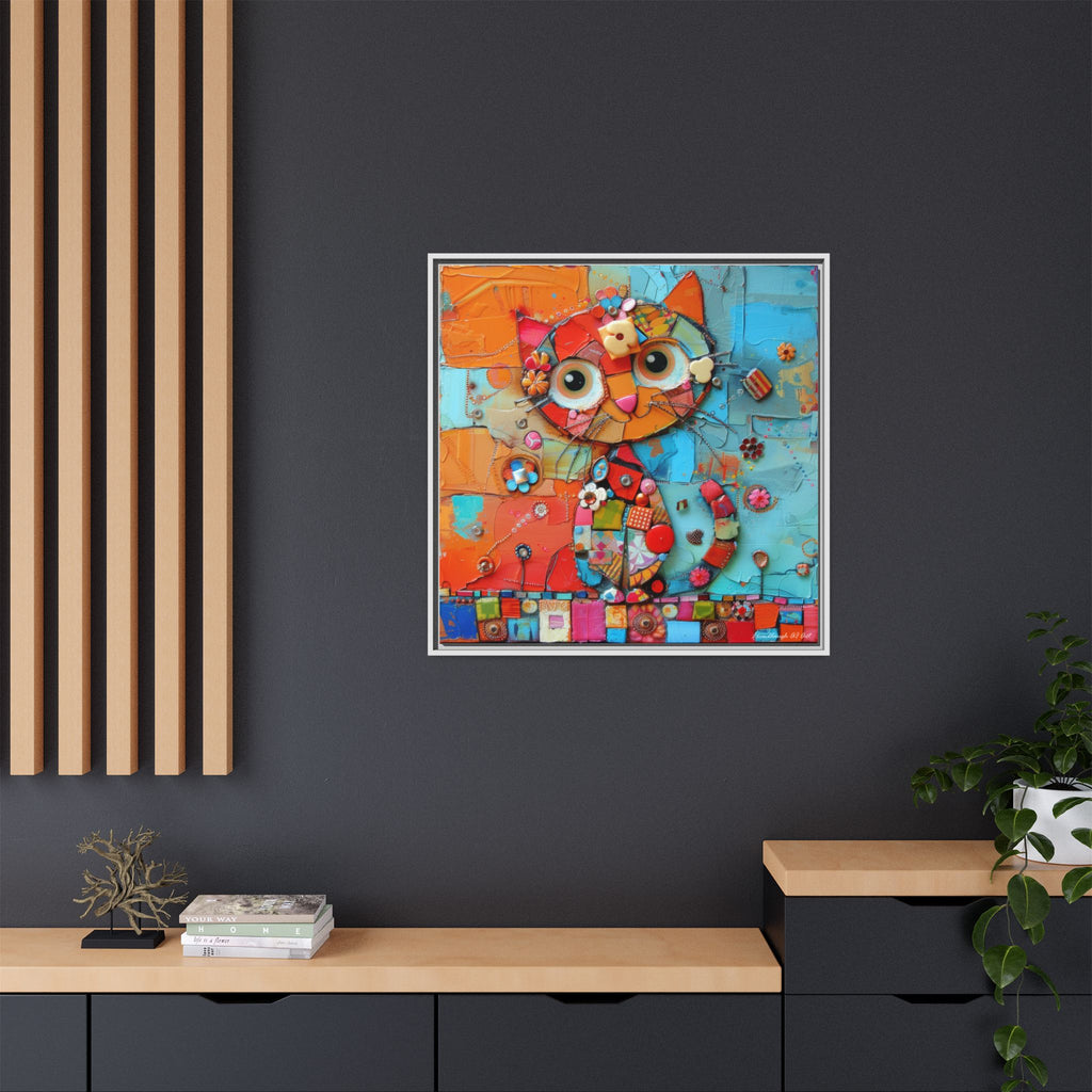 "Whimsical Mosaic Cat", Framed Mosaic Cat Art Print — Colorful Modern Wall Canvas