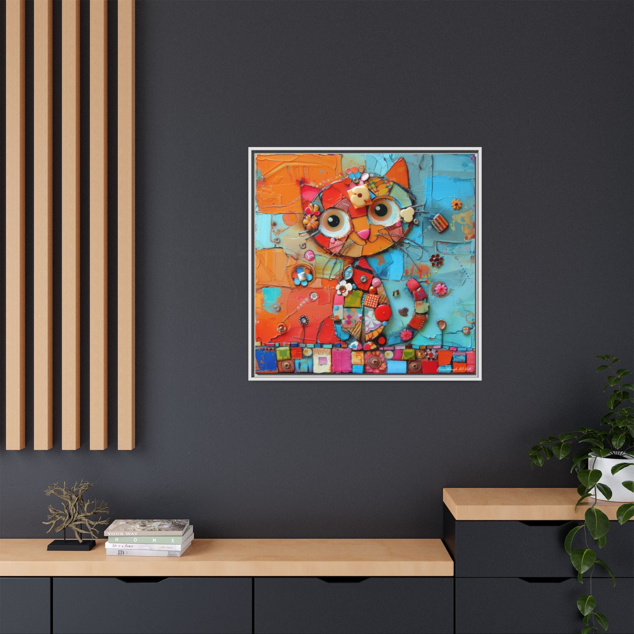 "Whimsical Mosaic Cat", Framed Mosaic Cat Art Print — Colorful Modern Wall Canvas