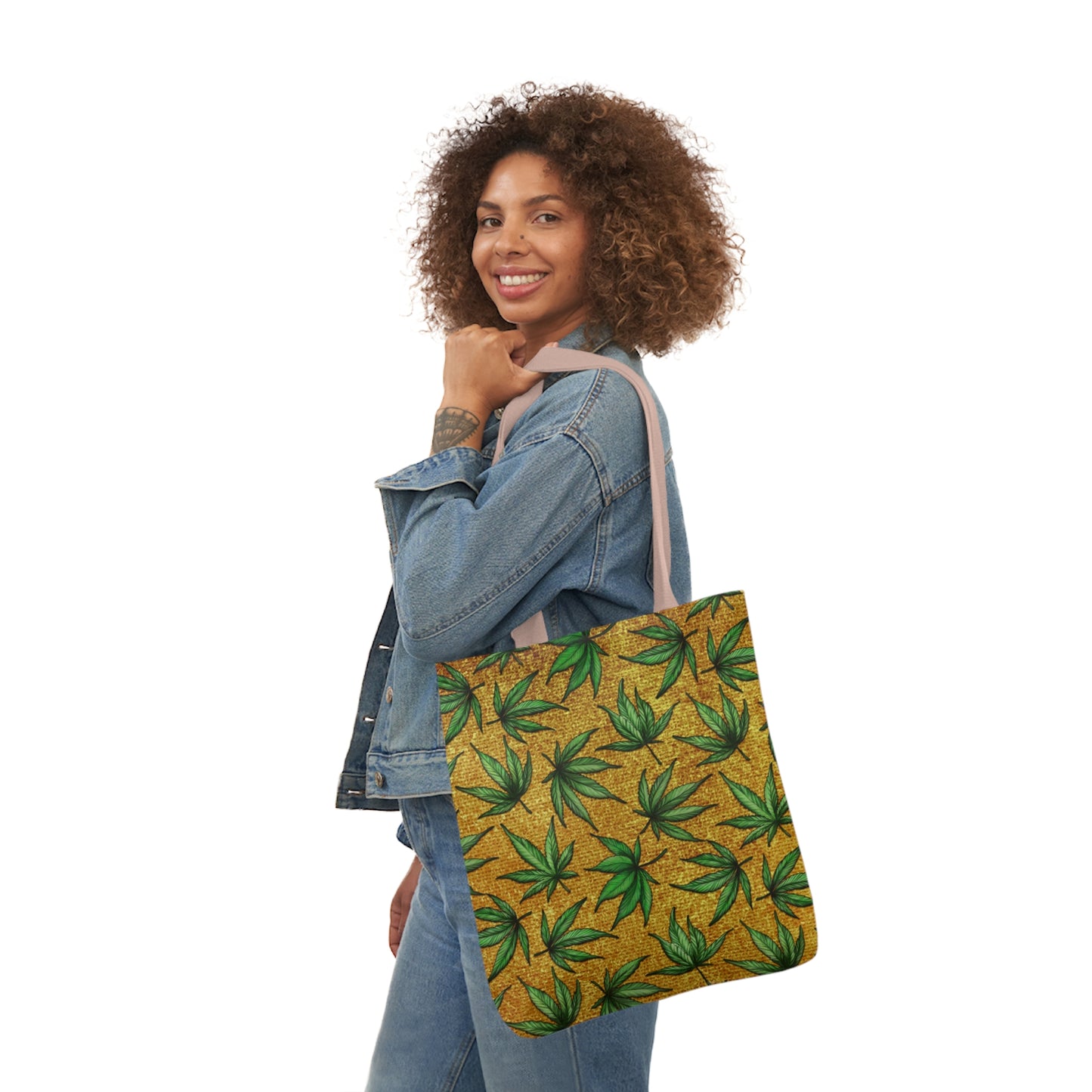 Gold And Green Marijuana Pot Weed Leaf With Gold Background 420 Polyester Canvas Tote Bag (AOP)