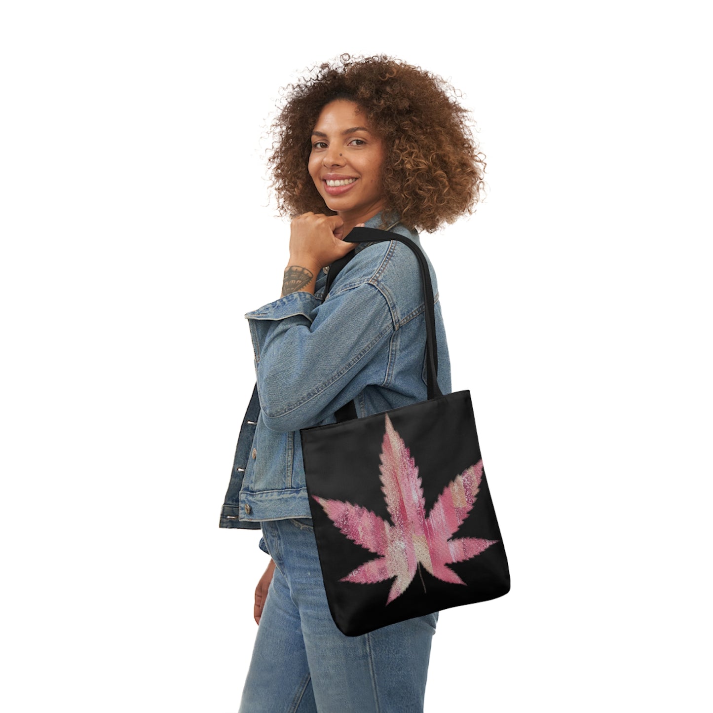 Sassy Single Pink Marijuana 420 Weed Leaf With Black Background Polyester Canvas Tote Bag (AOP)