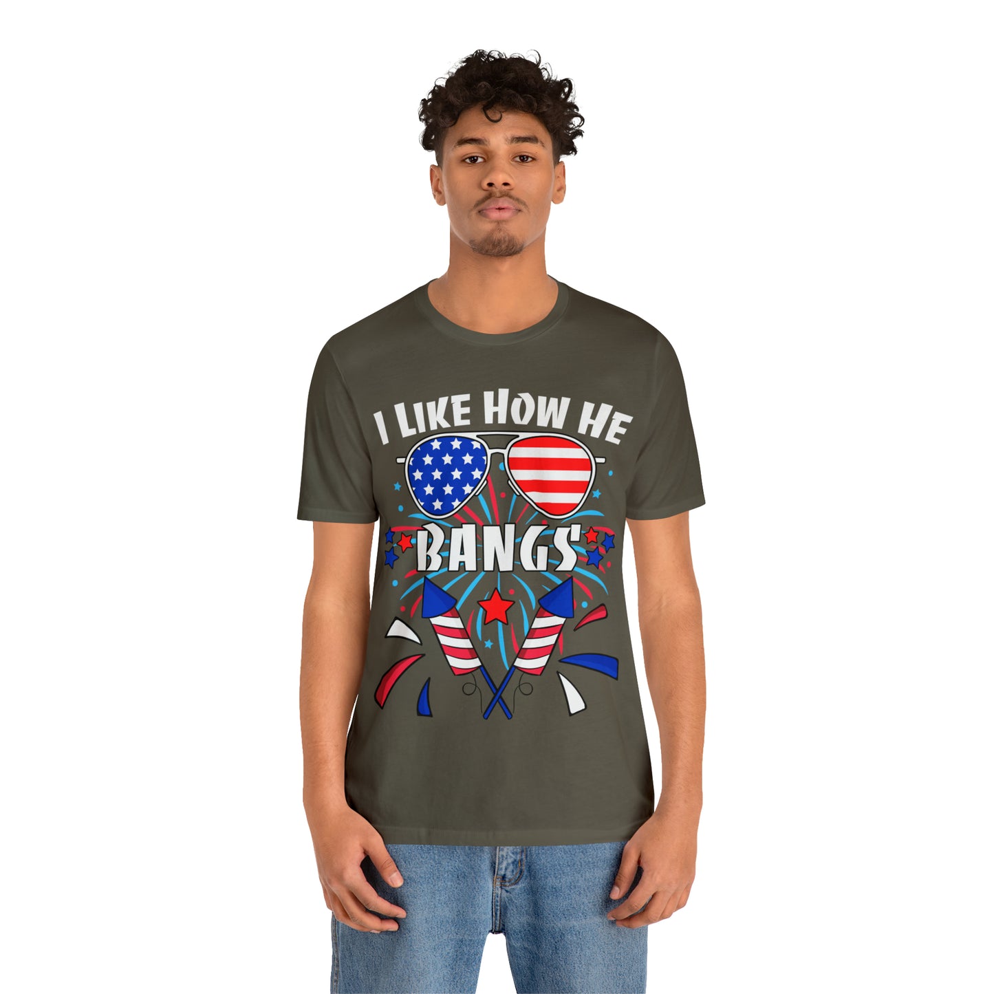 I Like How He Bangs American Flag, Fourth Of July 4th , American Flag Glasses Unisex Jersey Short Sleeve Tee