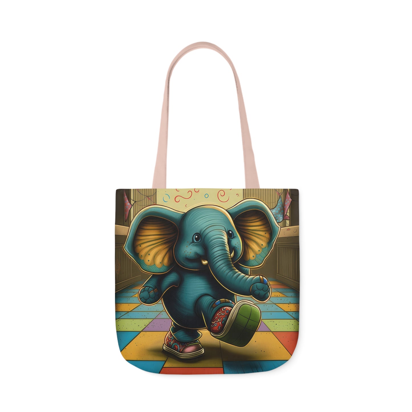 Elephant Kicking Leg On Colored Square Floor Polyester Canvas Tote Bag (AOP)