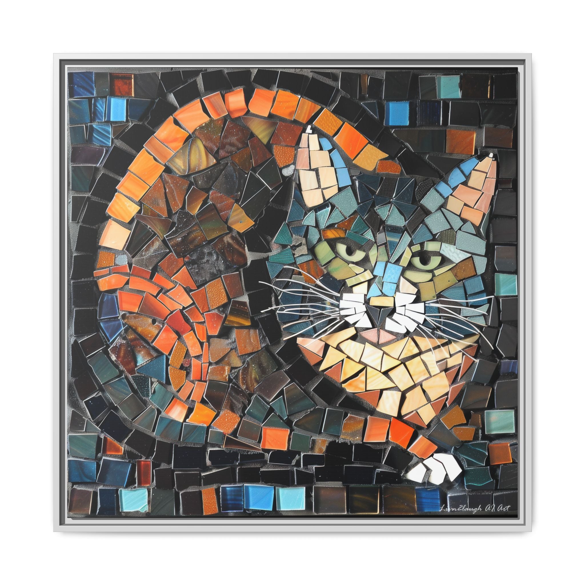 "Bold Mosaic Cat", Framed Mosaic Cat Art Print — Colorful Modern Wall Canvas
