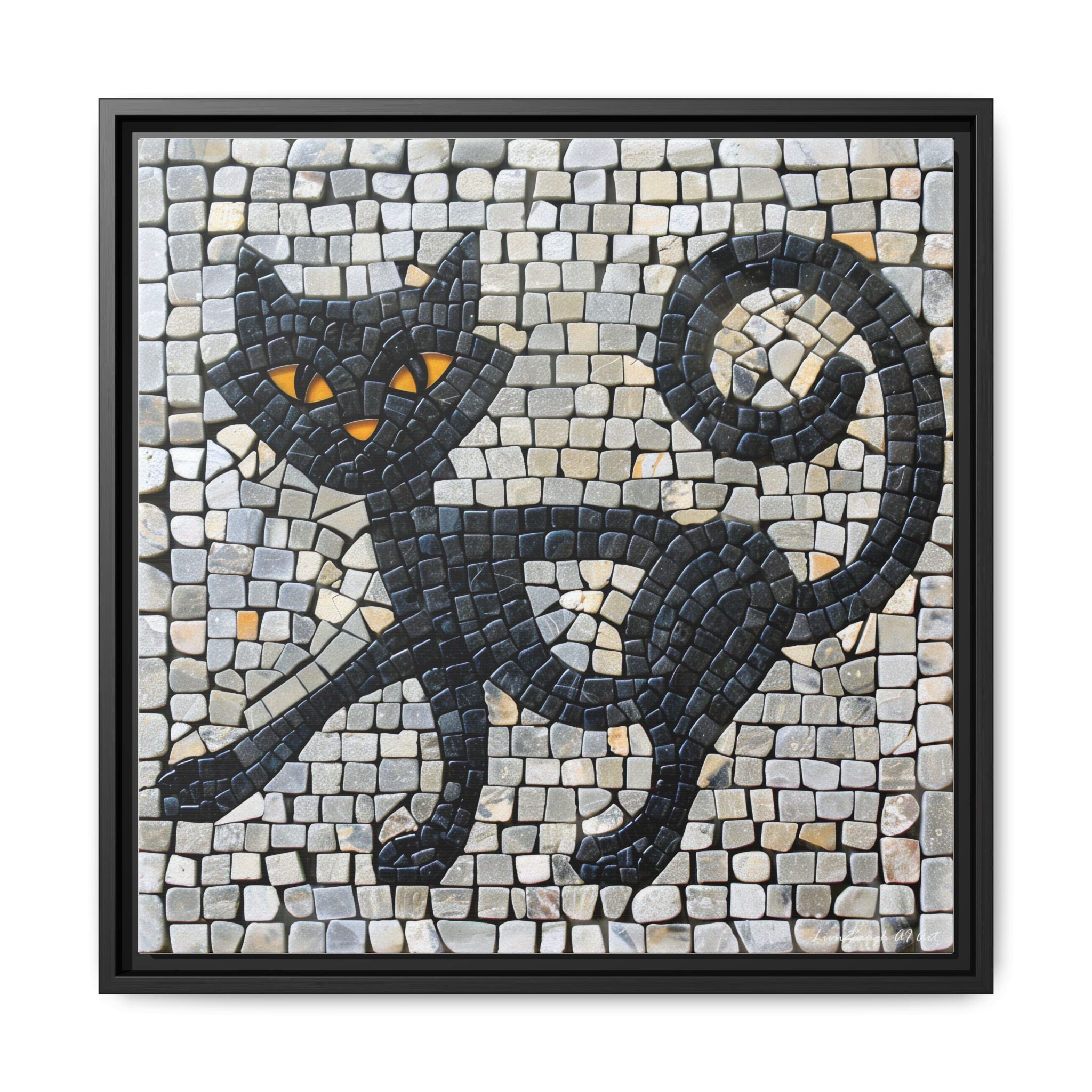 "Curious Black Cat Mosaic", Framed Mosaic Cat Art Print — Colorful Modern Wall Canvas