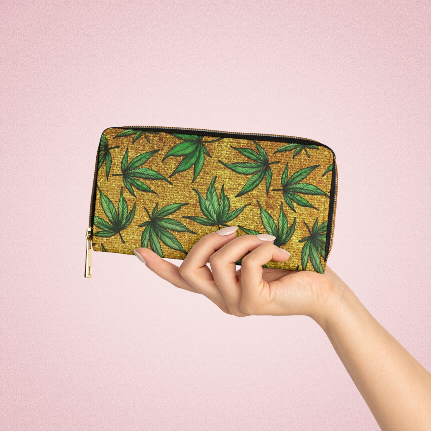 Gold And Green Marijuana Pot Weed Leaf With Gold Background 420 Zipper Wallet