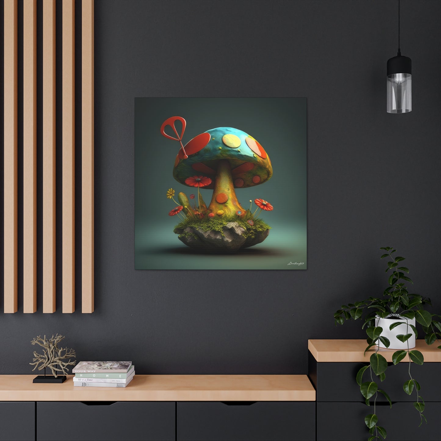 Sassy Colorful Blue Mushroom With Flowers Canvas Gallery Wraps