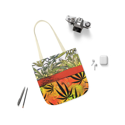 Beautiful Redish Orange Banded Marijuana 420 Pot Weed Leaf Polyester Canvas Tote Bag (AOP)