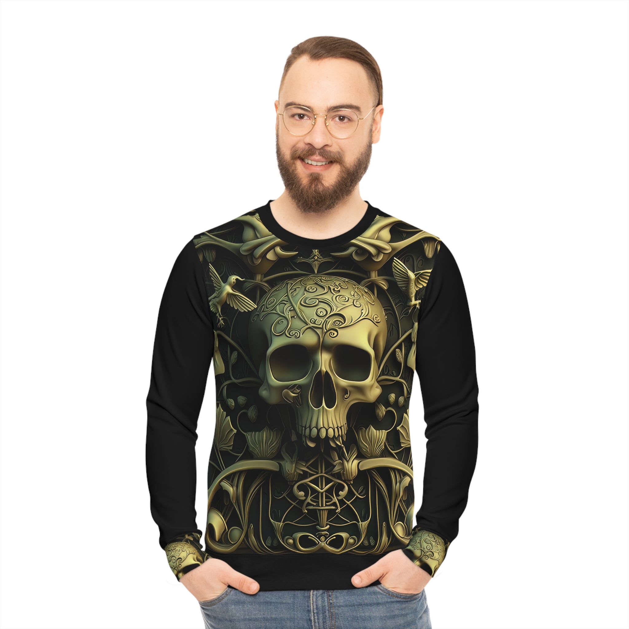 Metallic Chrome Skull and classic Designed Background Style 1 Lightweight Sweatshirt (AOP)