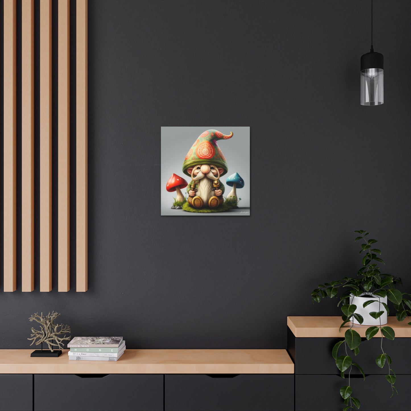 Gnome With Beautifully Detailed Green Orange Hat With Blue And Red Mushrooms Canvas Gallery Wraps