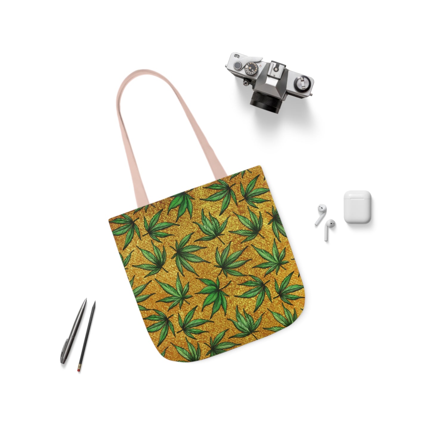 Gold And Green Marijuana Pot Weed Leaf With Gold Background 420 Polyester Canvas Tote Bag (AOP)