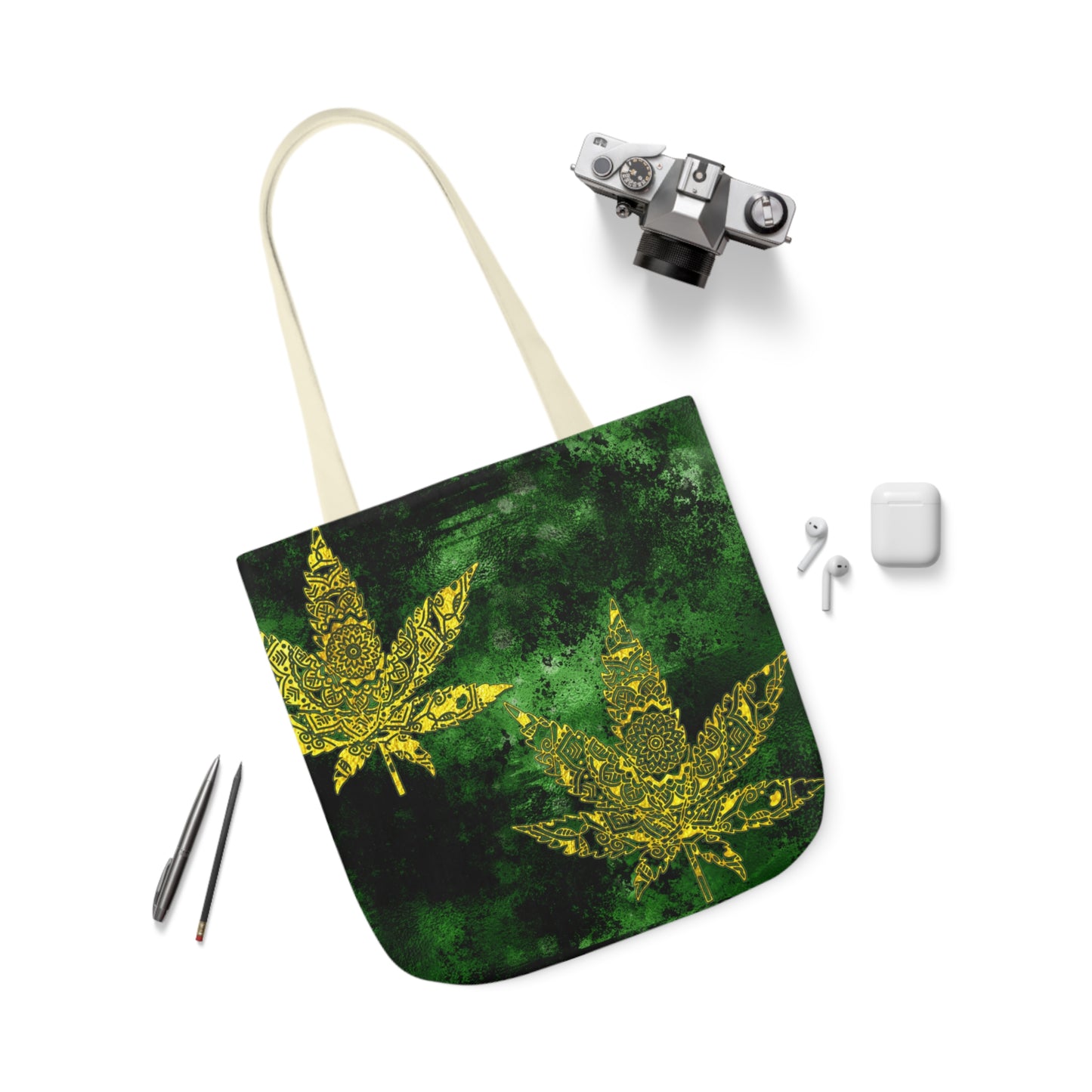 Gorgeous Designed Gold Leaf With multigreen Background Marijuana Pot Weed 420 Polyester Canvas Tote Bag (AOP)