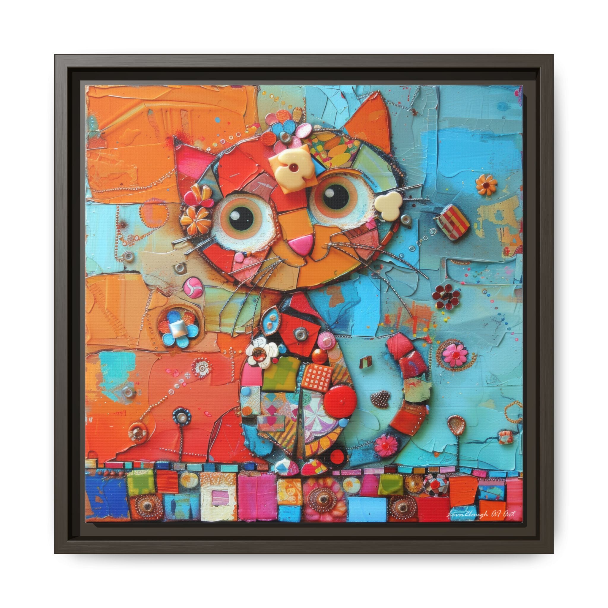 "Whimsical Mosaic Cat", Framed Mosaic Cat Art Print — Colorful Modern Wall Canvas