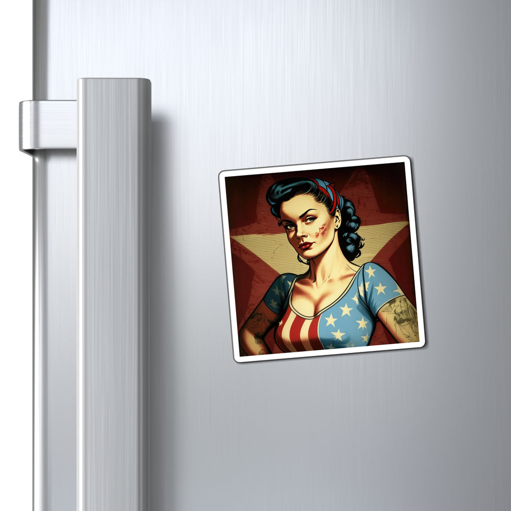 Retro Tattooed Pinup Blue, Red And White Star Magnet Style One