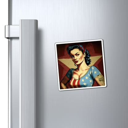 Retro Tattooed Pinup Blue, Red And White Star Magnet Style One