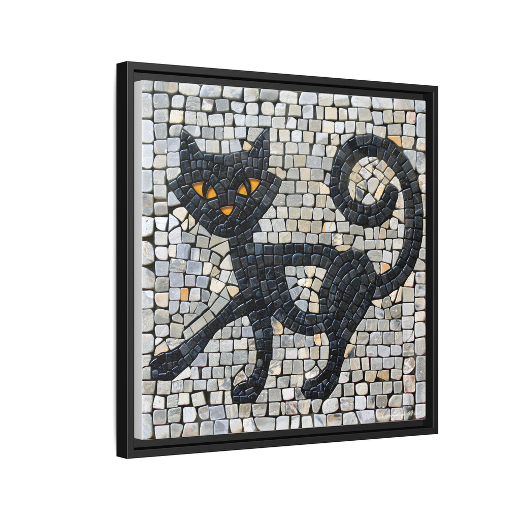 "Curious Black Cat Mosaic", Framed Mosaic Cat Art Print — Colorful Modern Wall Canvas