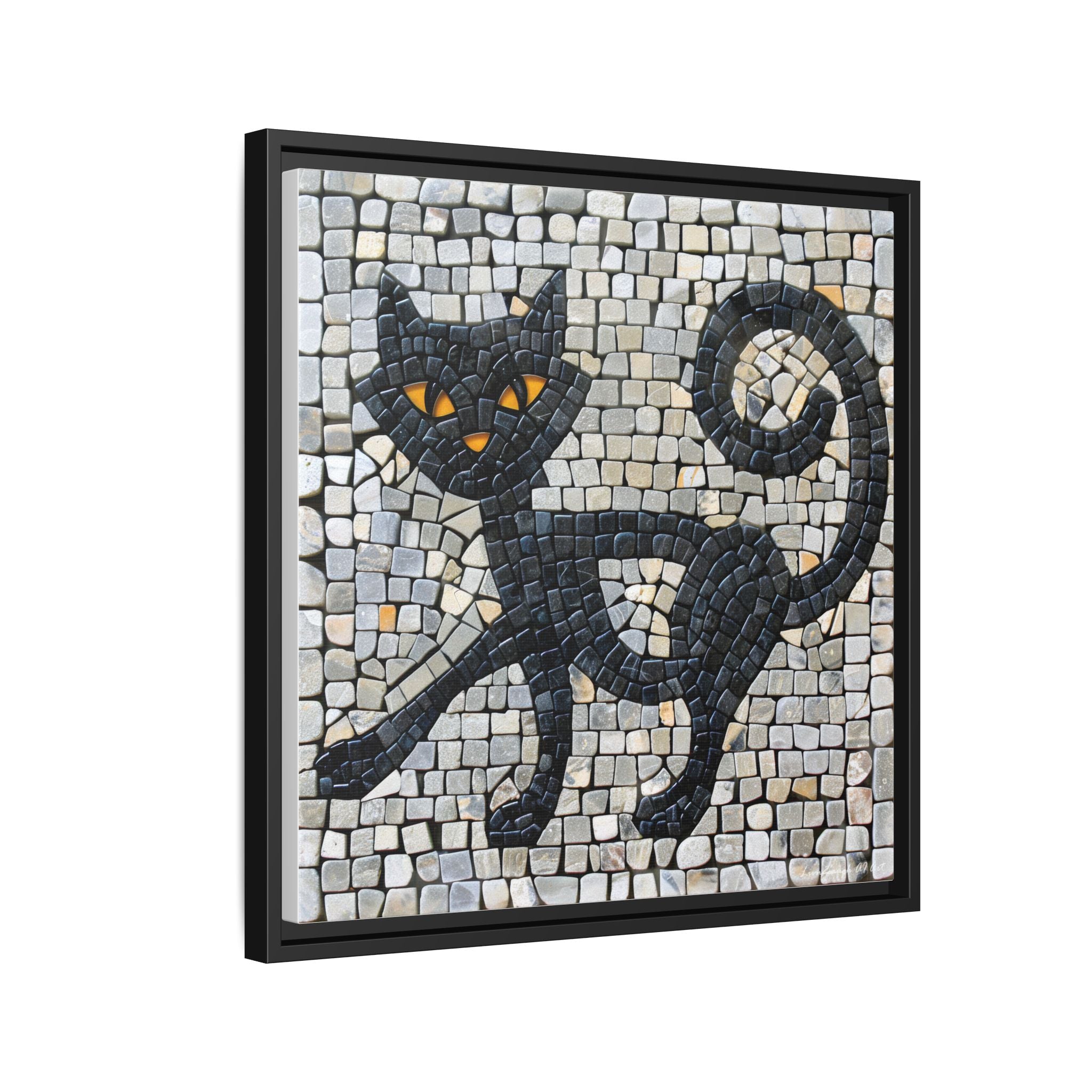 "Curious Black Cat Mosaic", Framed Mosaic Cat Art Print — Colorful Modern Wall Canvas