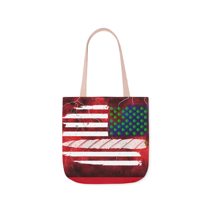 Flag Red, White And Blue Beautiful Red Background With Marijuana Pot Weed 420 Leaf Polyester Canvas Tote Bag (AOP)