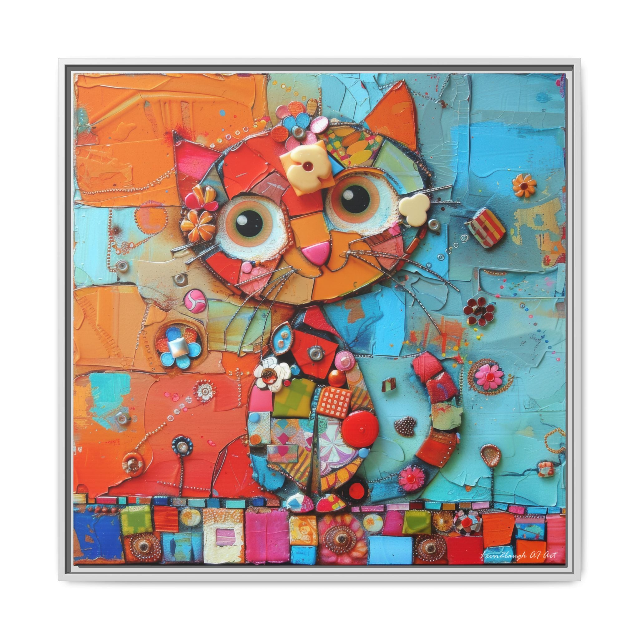 "Whimsical Mosaic Cat", Framed Mosaic Cat Art Print — Colorful Modern Wall Canvas