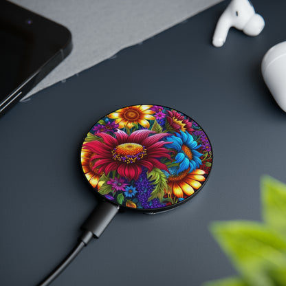 Bold And Beautiful Flowers Yellow Blue Orange Purple 4 Magnetic Induction Charger