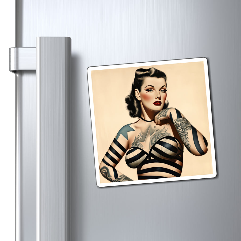 Retro Tattooed Pinup Blue, Red And White Star Magnet Style Eleven