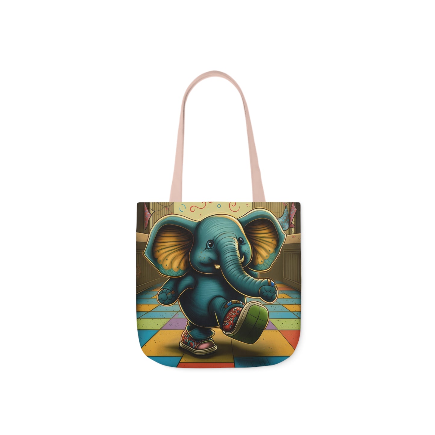 Elephant Kicking Leg On Colored Square Floor Polyester Canvas Tote Bag (AOP)