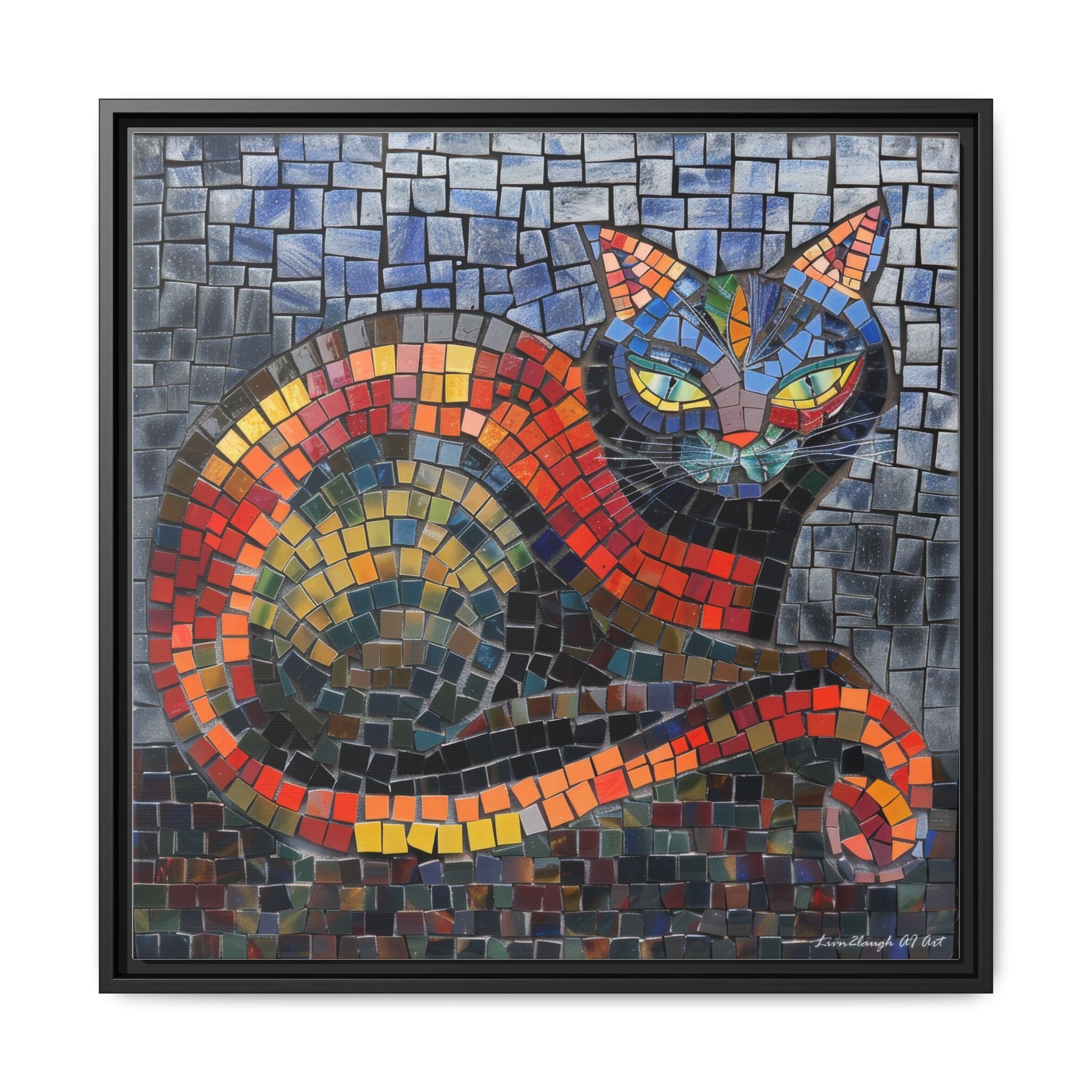 Mystic Shadows: The Enigmatic Cat, Framed Mosaic Cat Art Print — Colorful Modern Wall Canvas