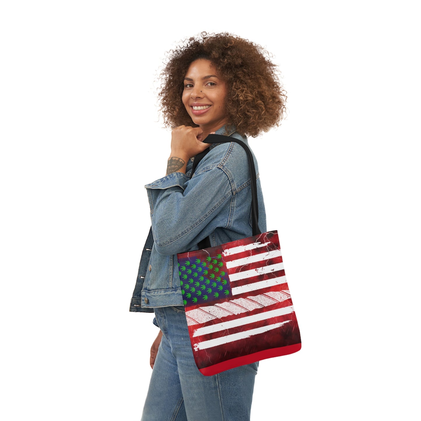 Flag Red, White And Blue Beautiful Red Background With Marijuana Pot Weed 420 Leaf Polyester Canvas Tote Bag (AOP)