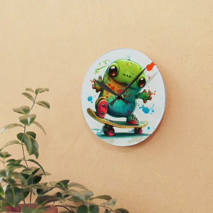 Tie Dye Cool Frog On Skate Board Wall Clock