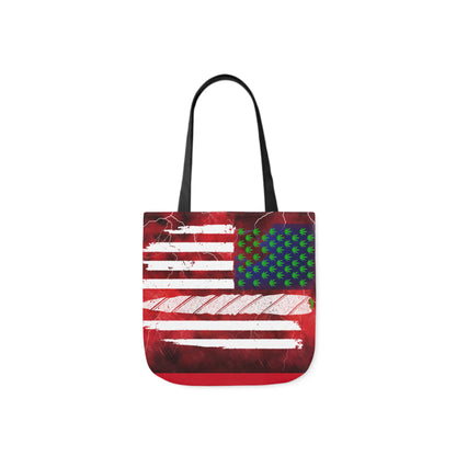Flag Red, White And Blue Beautiful Red Background With Marijuana Pot Weed 420 Leaf Polyester Canvas Tote Bag (AOP)