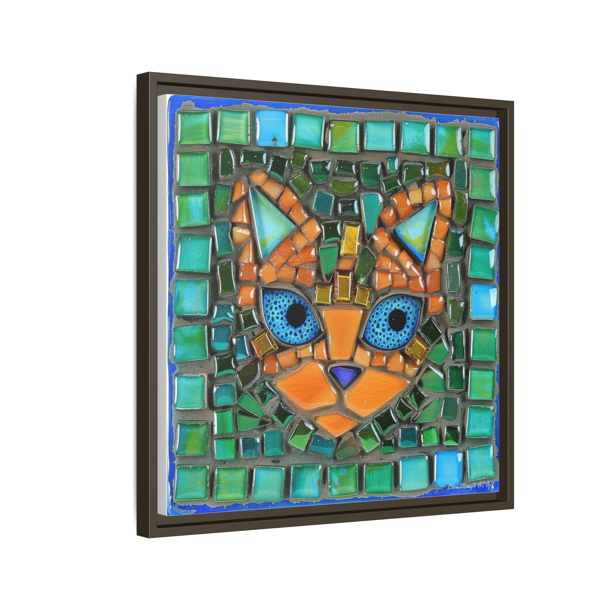 "Emerald Eyes Mosaic Cat", Framed Mosaic Cat Art Print — Colorful Modern Wall Canvas