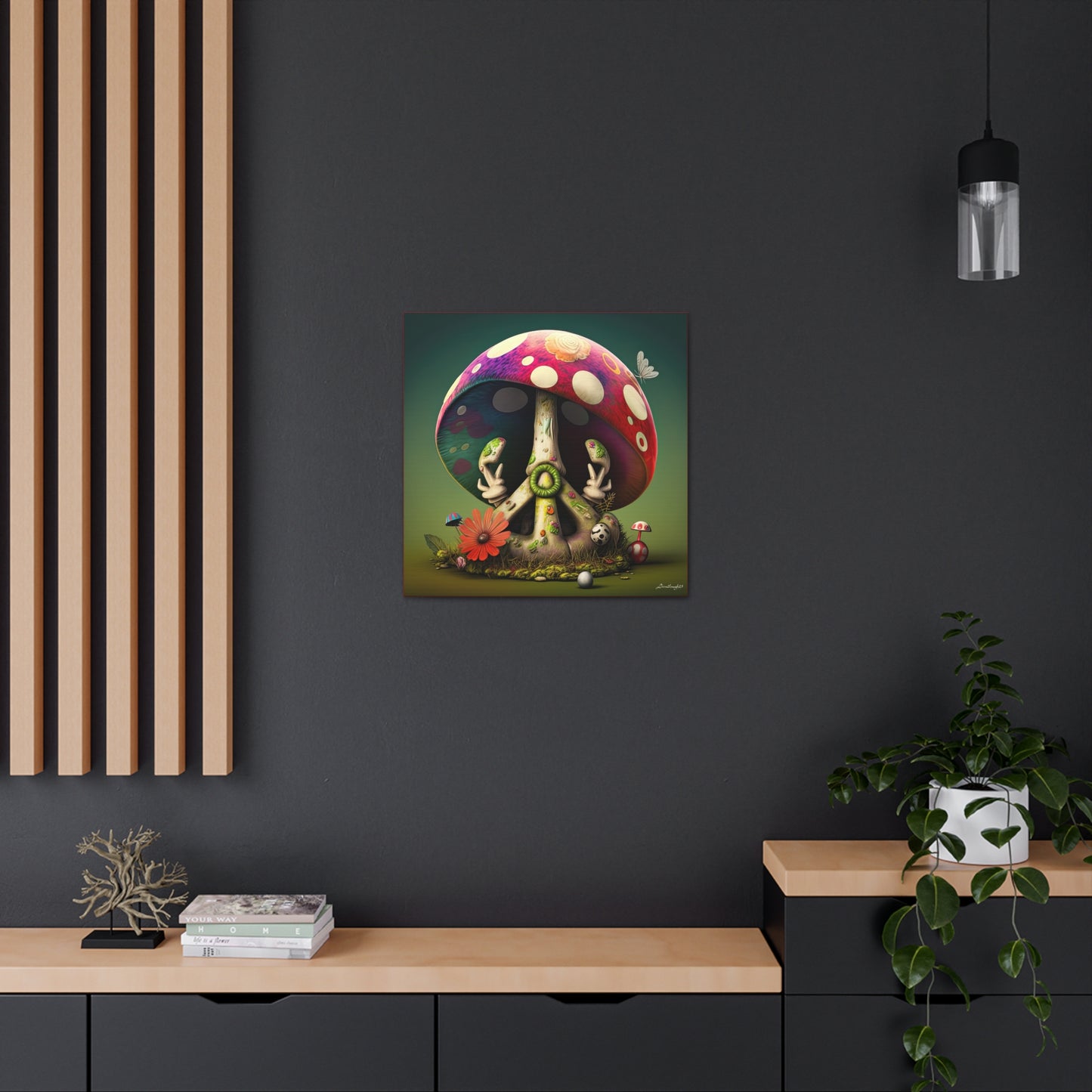 Beautiful Forest Half Peace Sign , Red And White Polka dot Mushrooms Red Flower Canvas Gallery Wraps