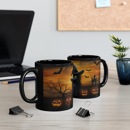Gothic Witch Hat Cat With Halloween Glowing Orange Sky And Pumpkins 11oz Black Mug