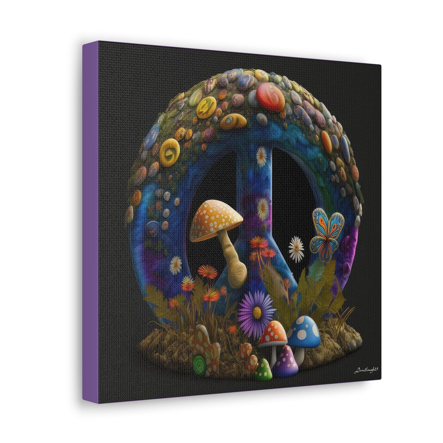 Beautiful Forest Round Peace Sign Mushrooms  Flowers And Butterfly 11 Canvas Gallery Wraps