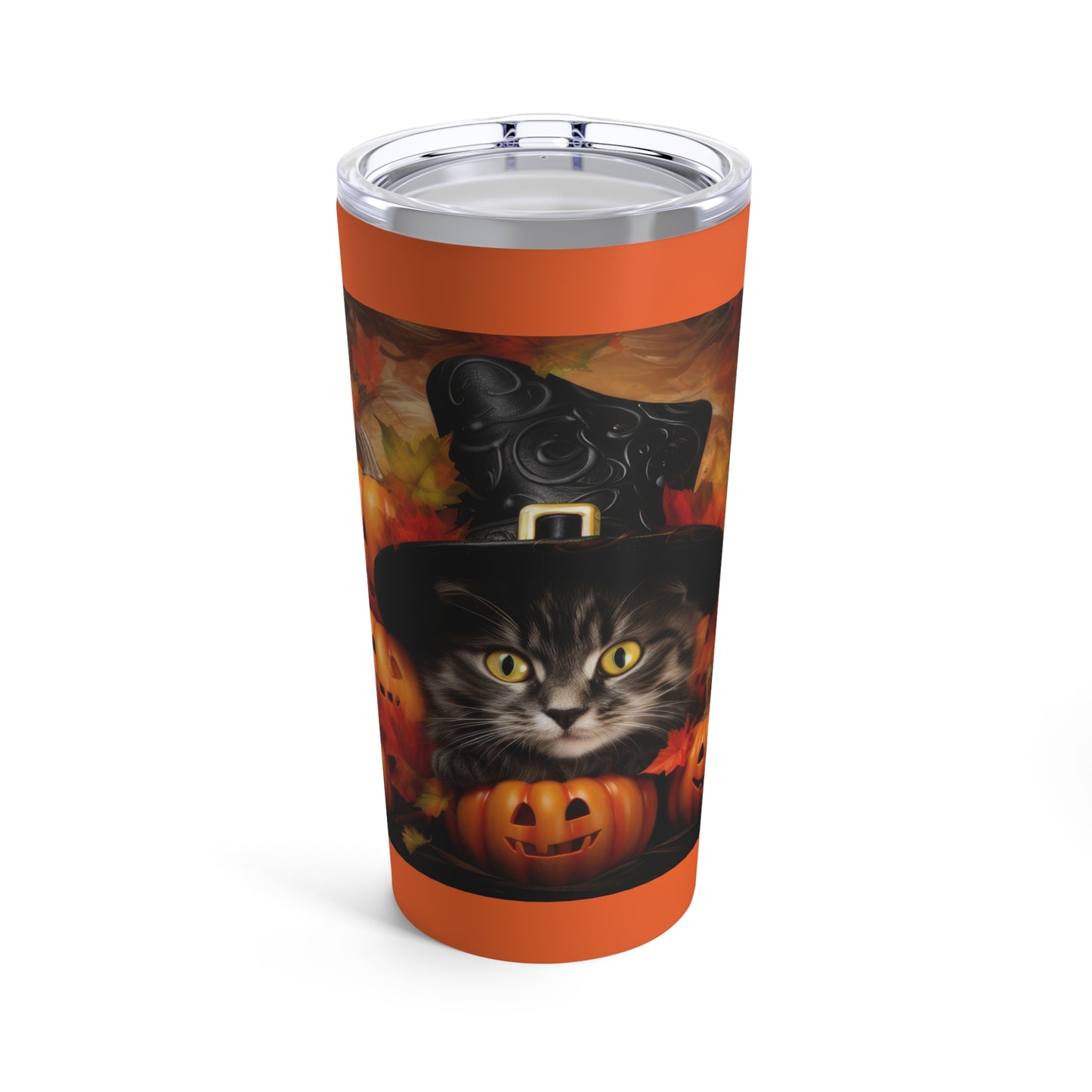 Halloween Tiger Stiped Wearing Witch hat And Smiling Orange Carved Pumpkins Tumbler 20oz