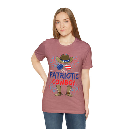 Patriotic Cowboy, American Flag 'Glasses, Cowboy Hat and Boots, Fourth of July 4th Unisex Jersey Short Sleeve Tee