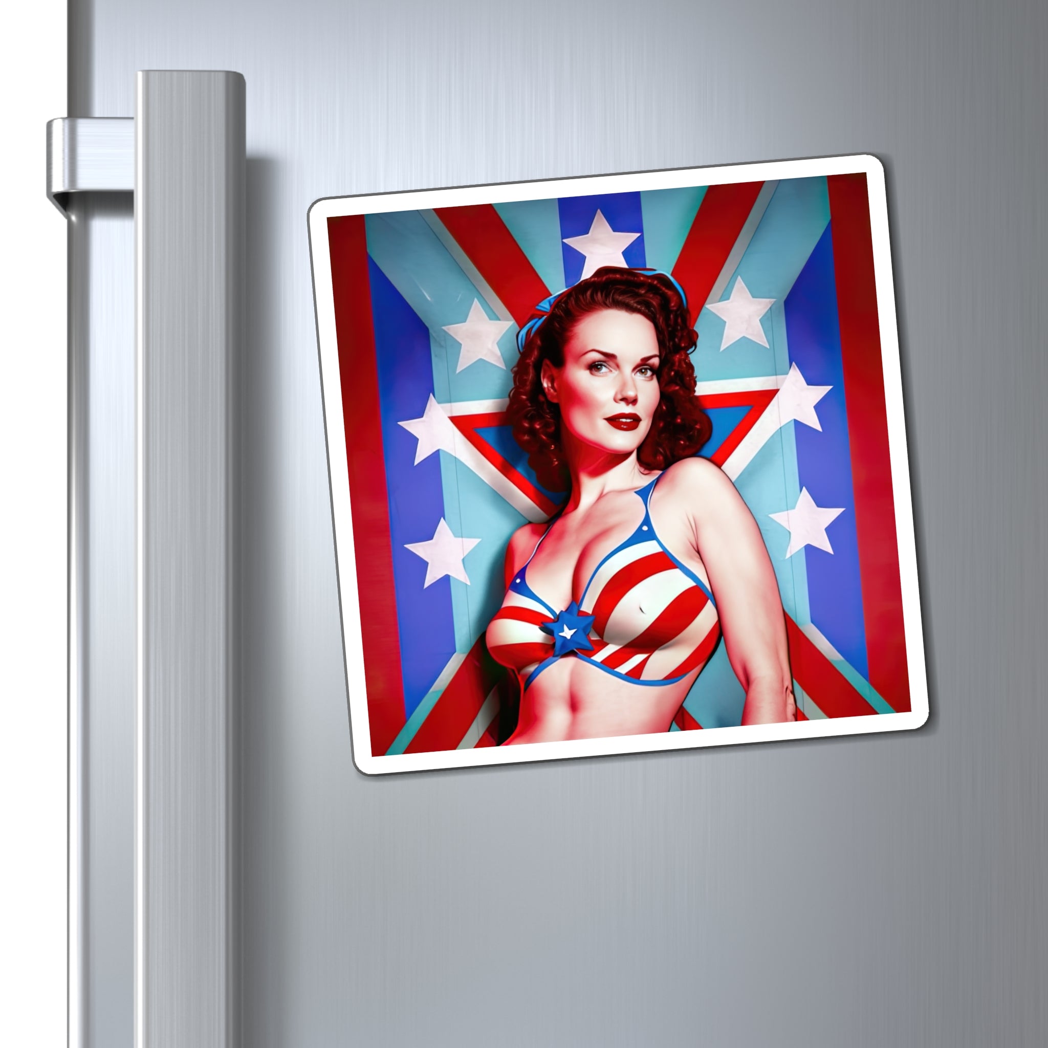 Retro Tattooed Pinup Blue, Red And White Star Magnet Style Five