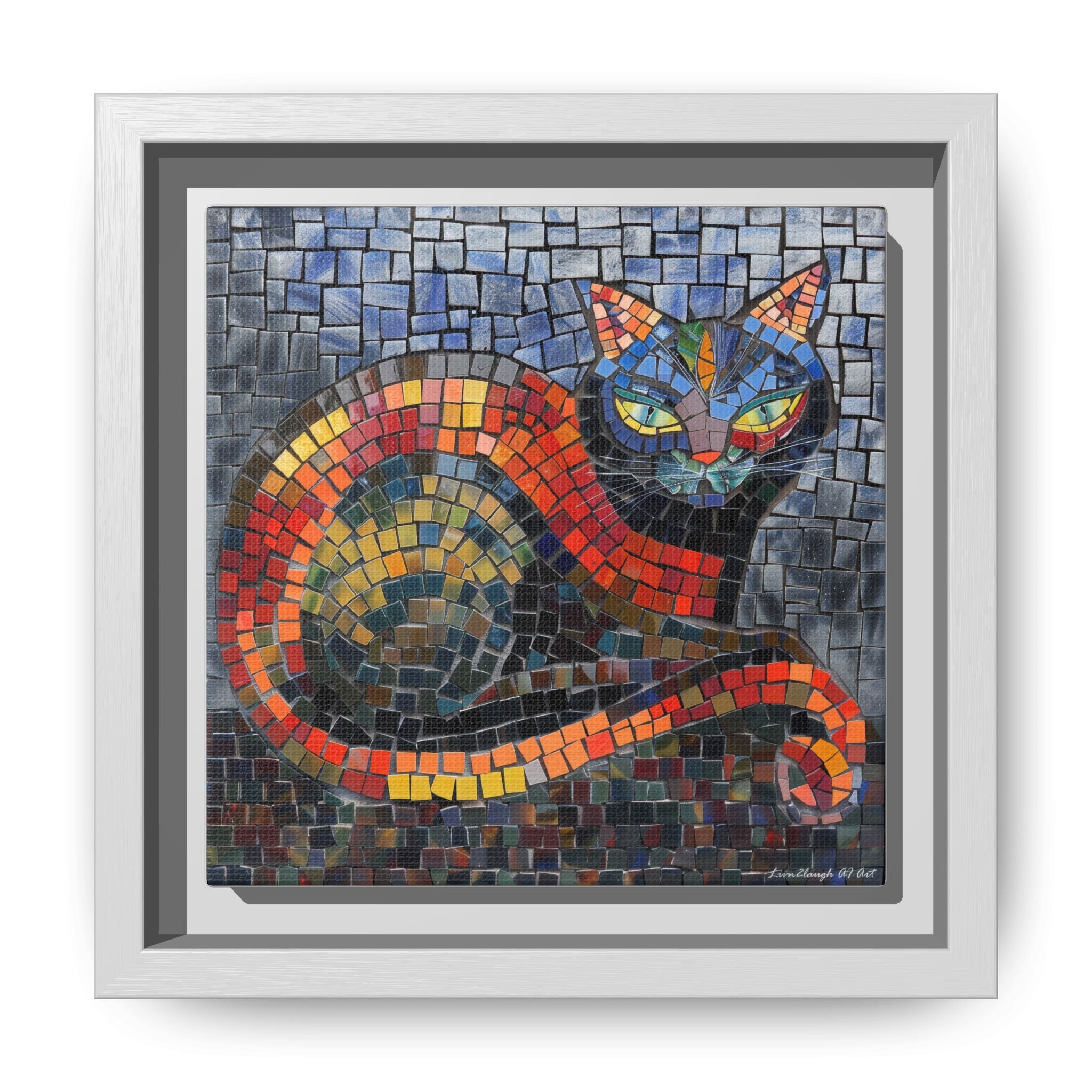 Mystic Shadows: The Enigmatic Cat, Framed Mosaic Cat Art Print — Colorful Modern Wall Canvas