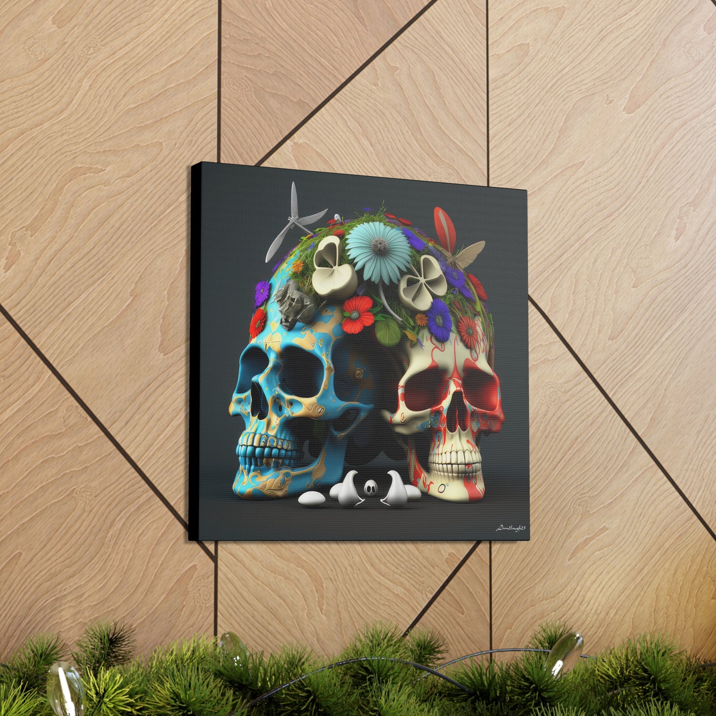 Double Skull With Blue Red  Flowers Canvas Gallery Wraps