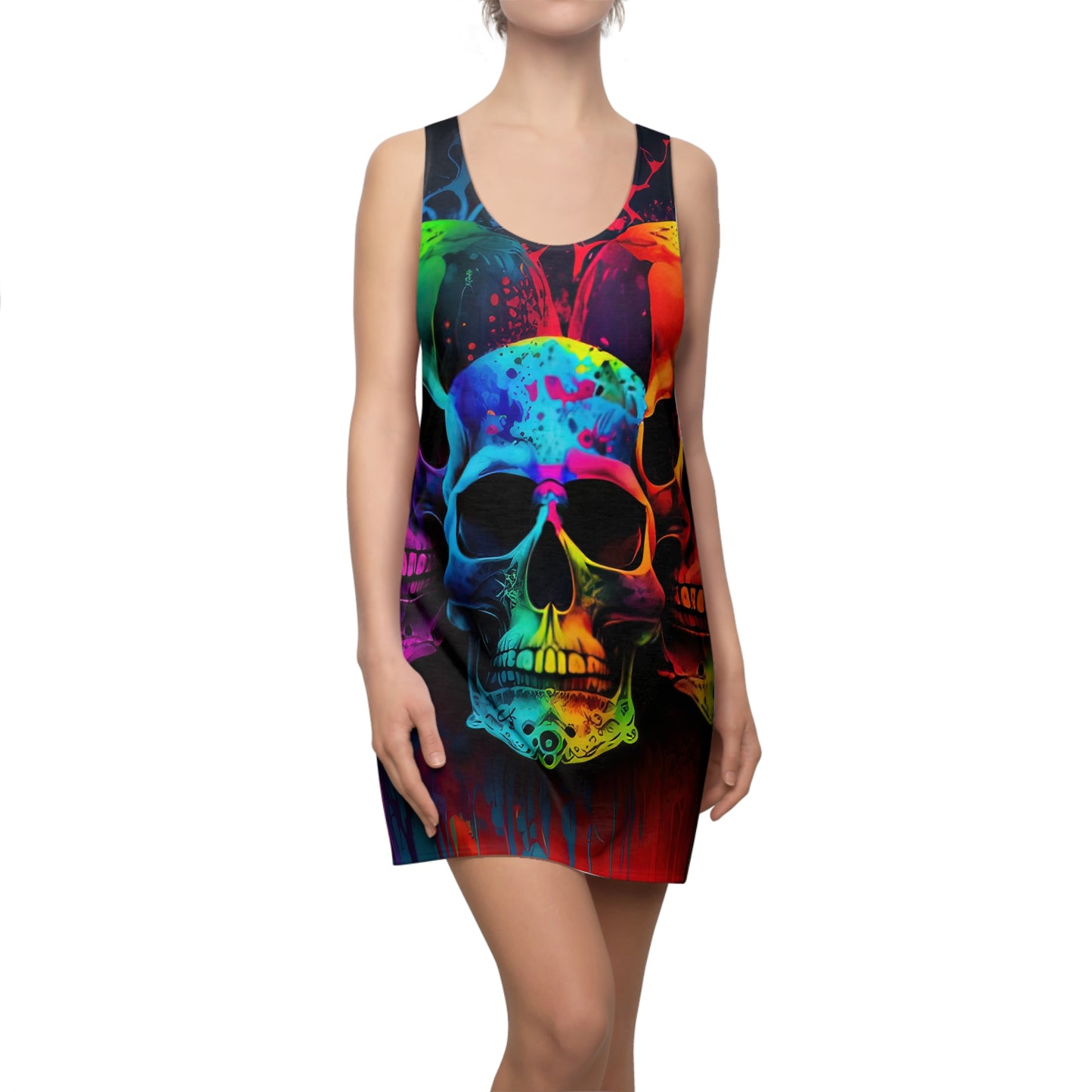 Bold And Beautiful Tie Dye Skull Front Style Four On Back Women's Cut & Sew Racerback Dress (AOP)