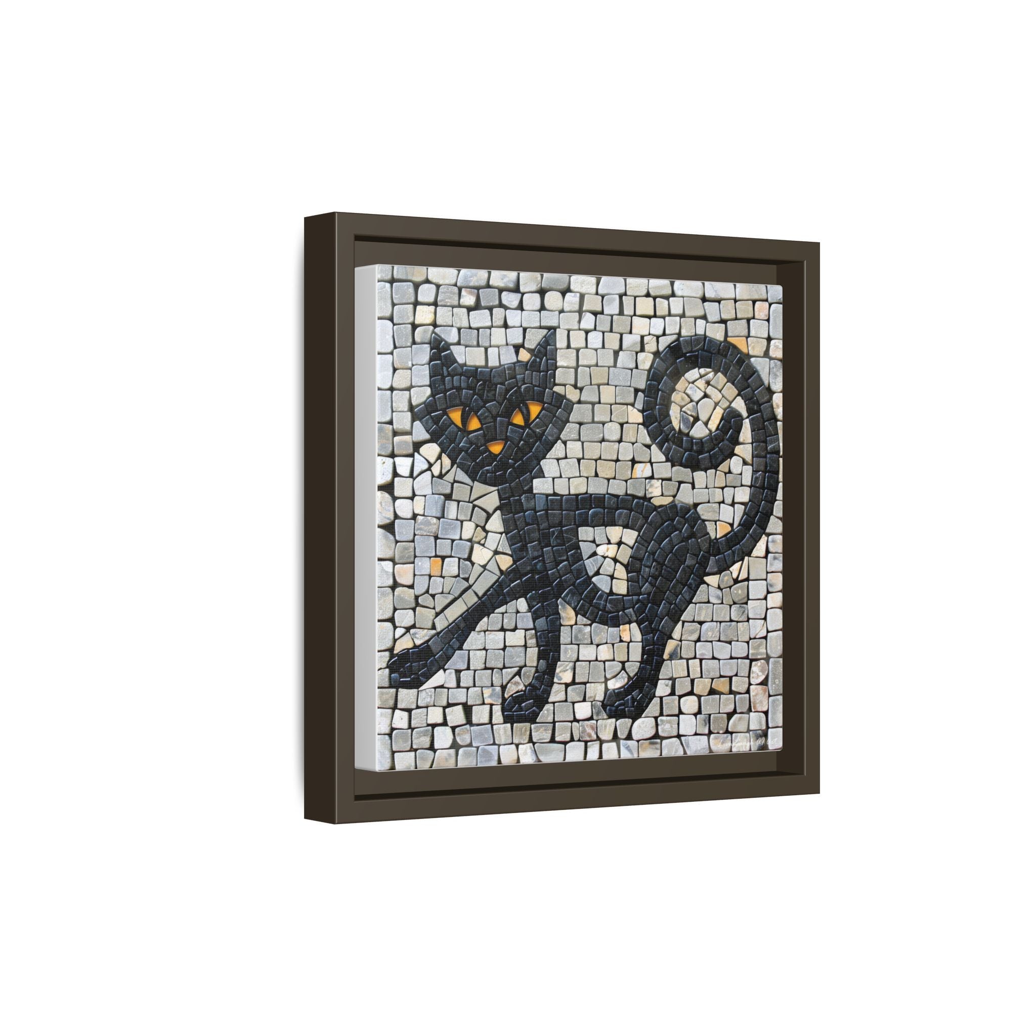 "Curious Black Cat Mosaic", Framed Mosaic Cat Art Print — Colorful Modern Wall Canvas