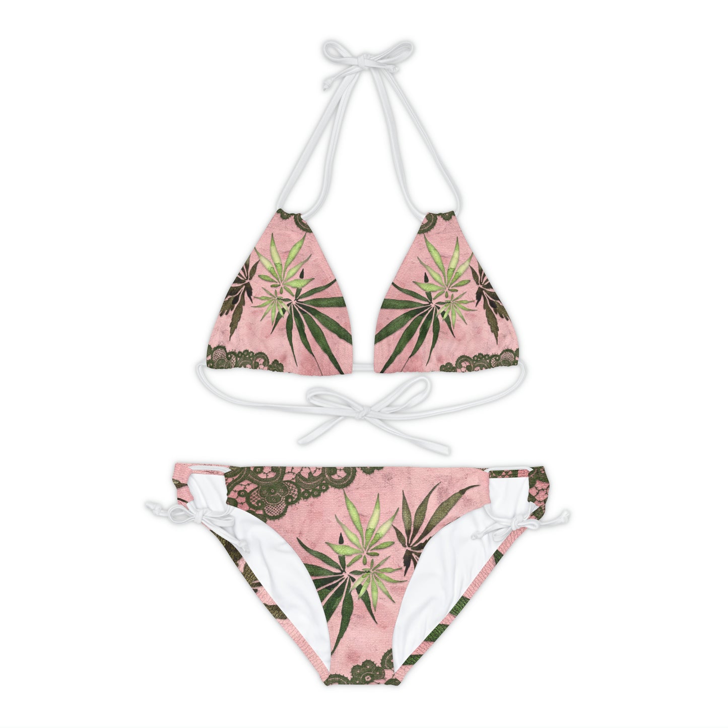 Grey Lace Gorgeous Pink Designed Marijuana 420 Weed Strappy Bikini Set (AOP)