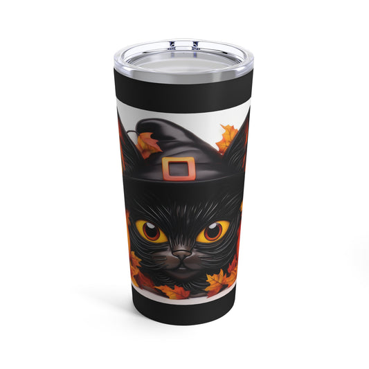 Big Eyed Black Cat Witch Hat For Fall Halloween, Pumpkins And White Background Tumbler 20oz