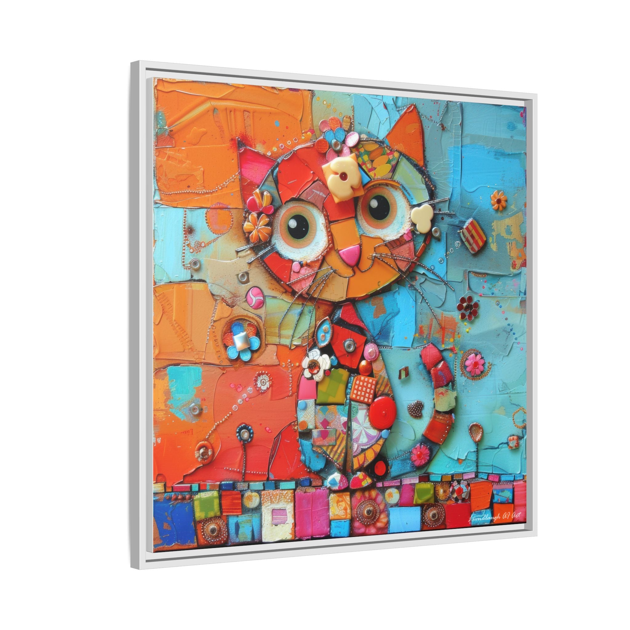 "Whimsical Mosaic Cat", Framed Mosaic Cat Art Print — Colorful Modern Wall Canvas