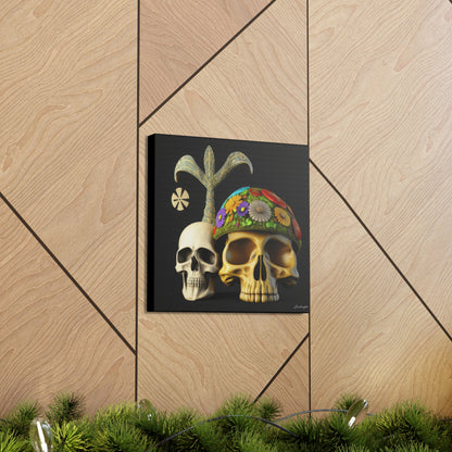Double Skull With Yellow White Purple Flowers Canvas Gallery Wraps
