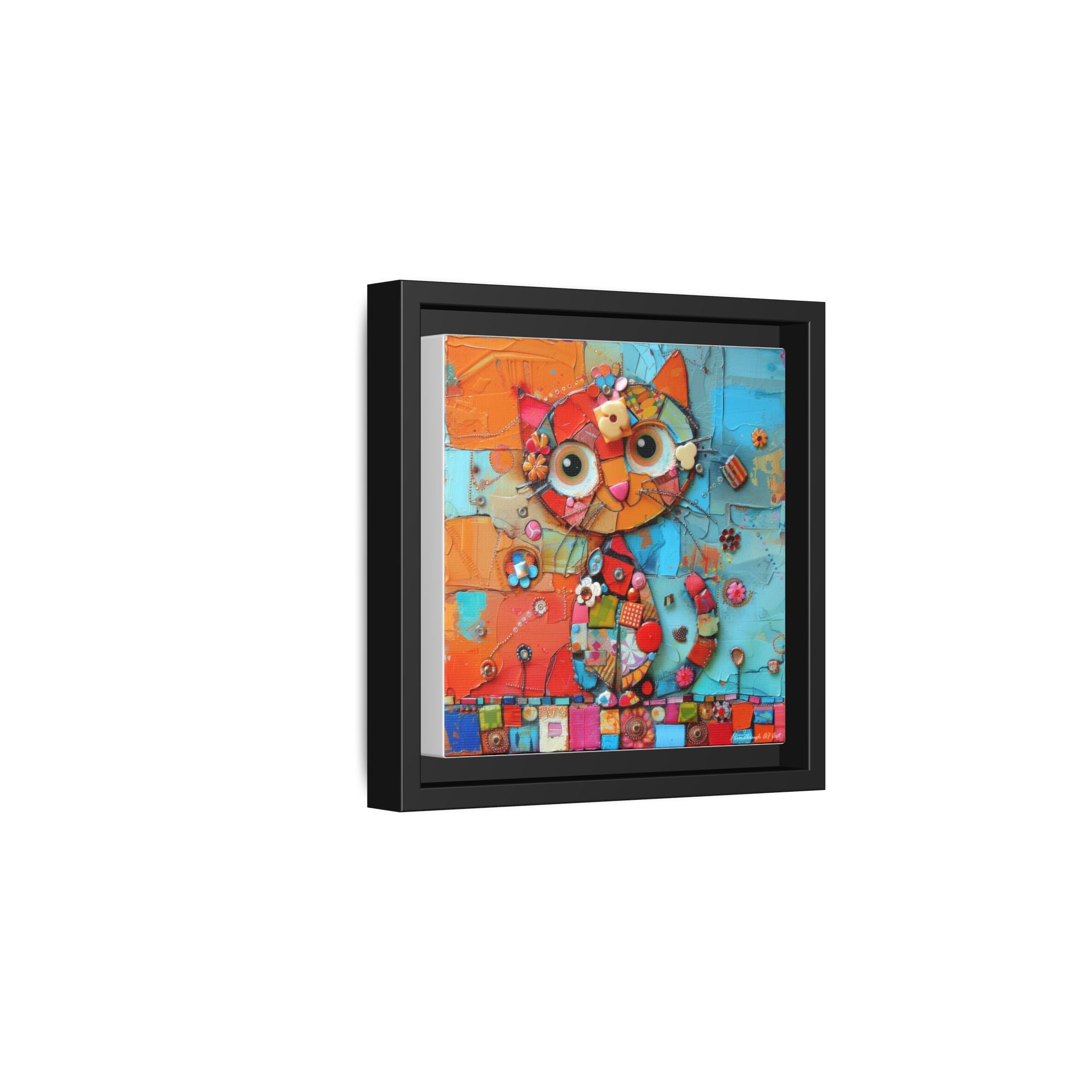 "Whimsical Mosaic Cat", Framed Mosaic Cat Art Print — Colorful Modern Wall Canvas